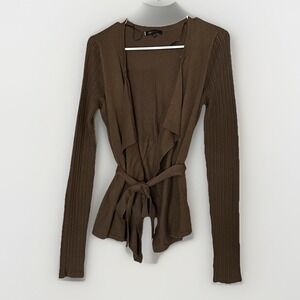 Vintage Anne Klein Brown Cotton Wrap‎ Cardigan Sweater Y2K Small Fall Neutral